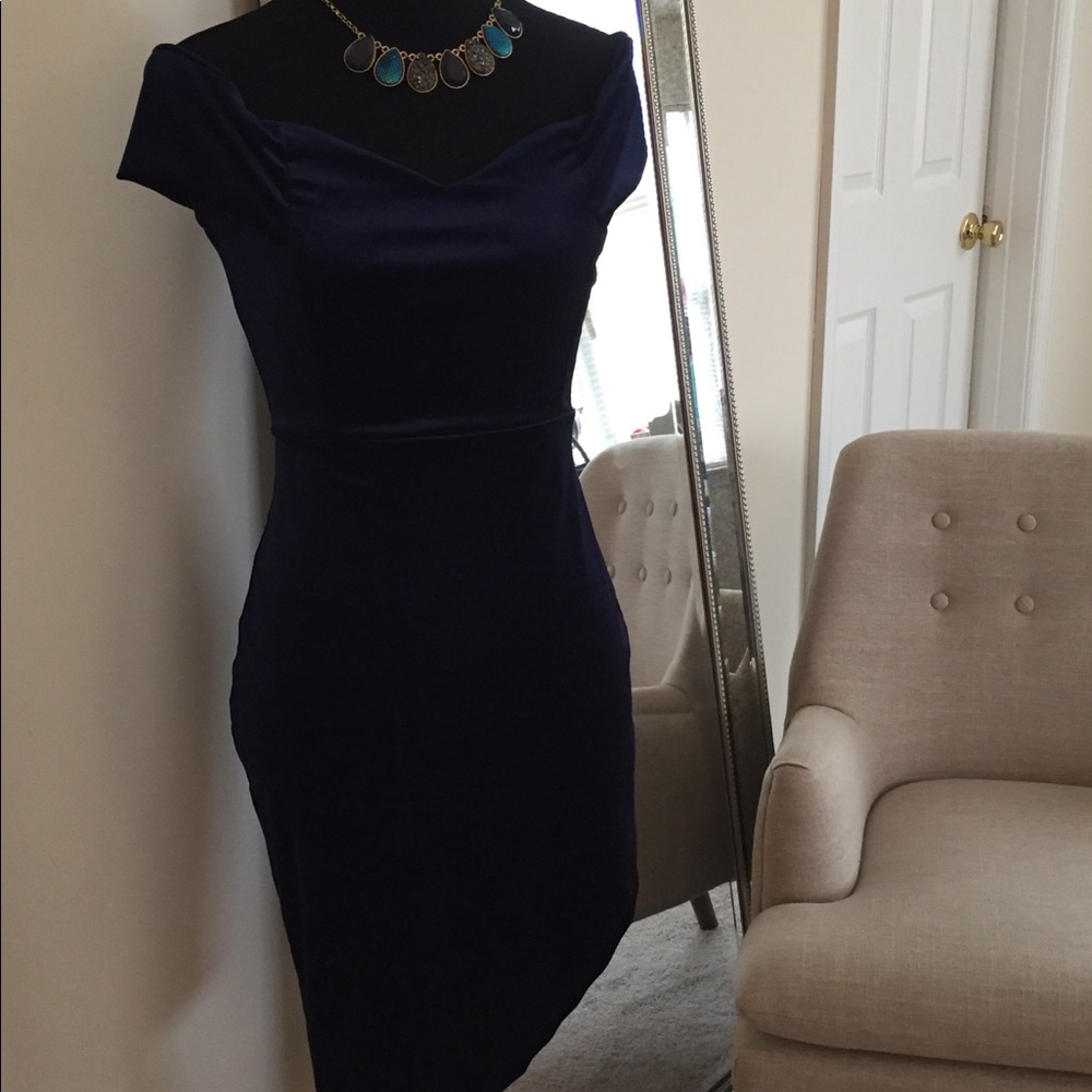 Asymmetrical Navy Blue Velvet Off Shoulder Dress - LAST CHANCE, MUST GO